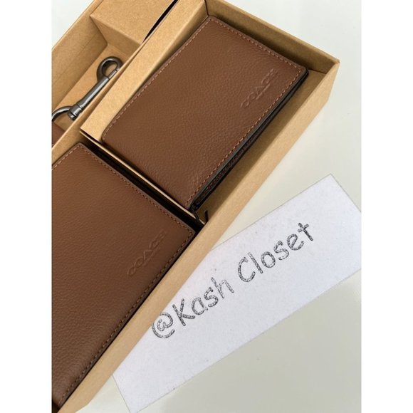 Coach Boxed 3 in 1 Men's Wallet With Trigger Snap Key Fob - Dark Saddle - Picture 3 of 9